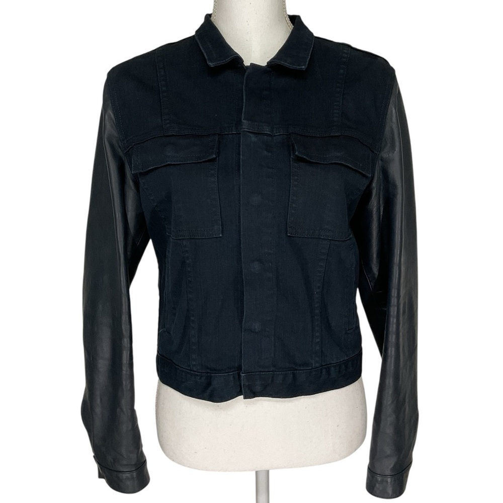BALDWIN  / Midnight Blue Crop Jean Jacket Leather Sleeves / Large / Goth Hipster